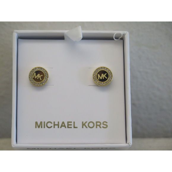 Michael Kors MKJX7854710 Gold Toned Pavè Crystals MK Logo Monogram Stud Earrings - Picture 3 of 9